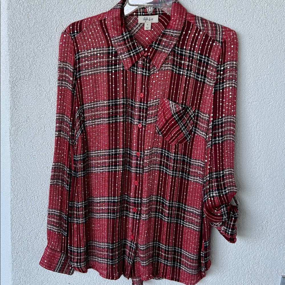 Style & Co. Holiday Plaid Sparkly Top